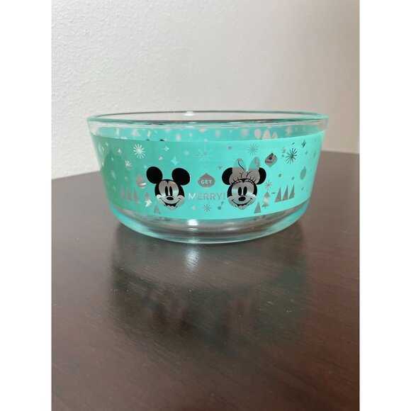 Disney Mickey & Minnie Glass Mixing Bowl By Pyrex 4 Cups Turquoise Holiday Desig - Picture 2 of 5